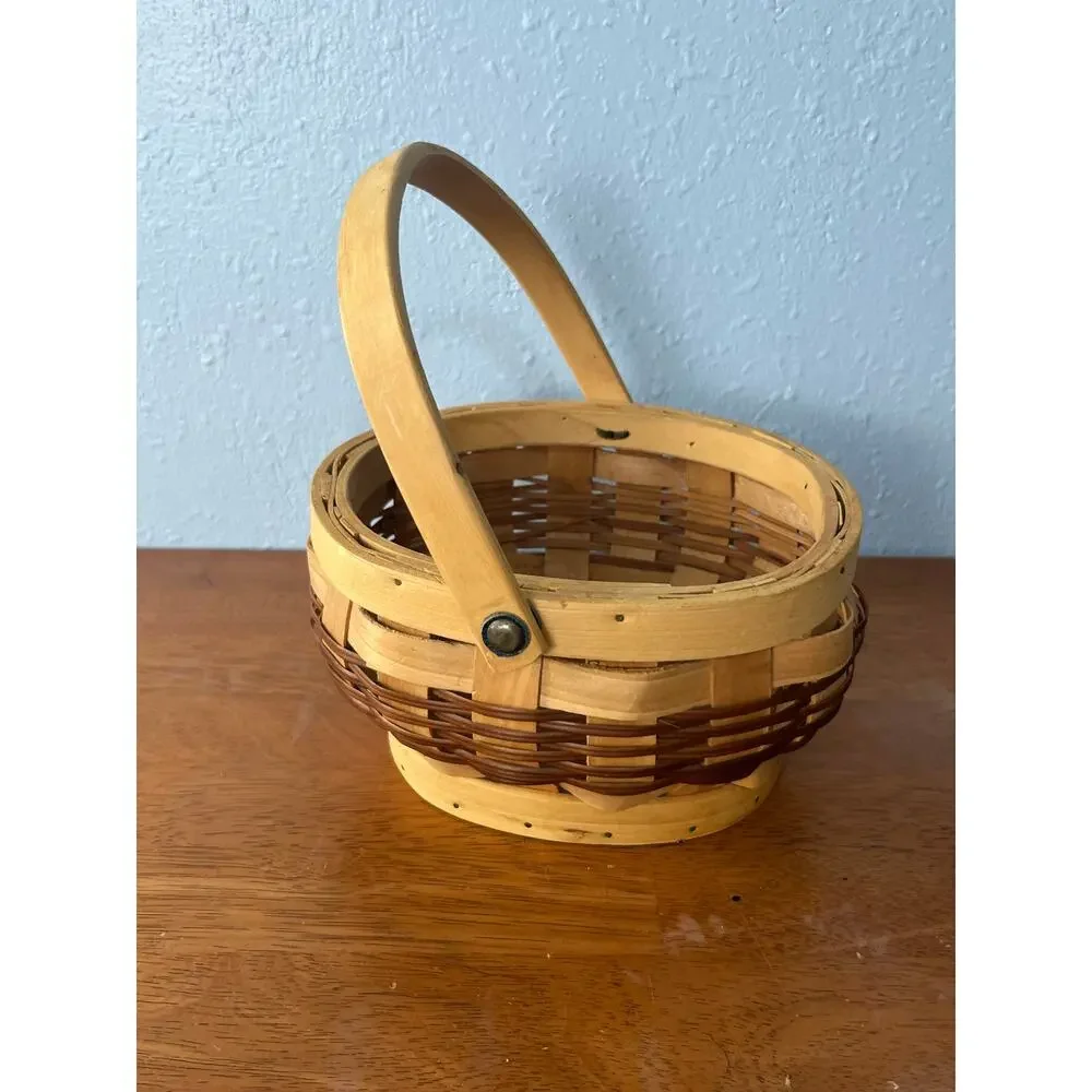VTG Woven Wood Splint Basket Round Swing Handle Rustic Farmhouse Primitive